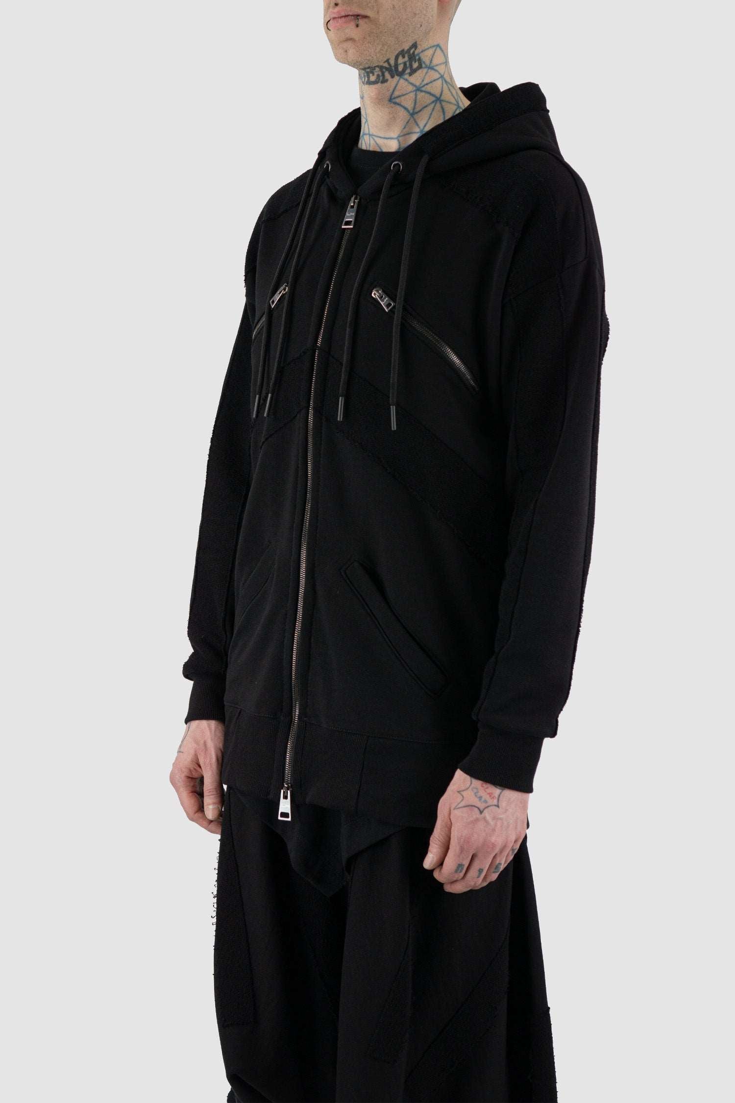 Side view of Black Sweater Jacket for Men with double zip and hood, LA HAINE INSIDE US