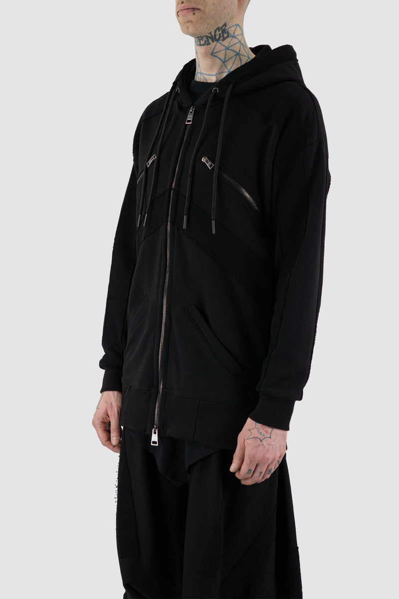 LA HAINE INSIDE US Black Sweater Jacket - SS24 Collection | 100% Cotton | Hood with Double Strings, Regular Fit, Double Slider Zip Closure, Front Pockets | Made in Italy