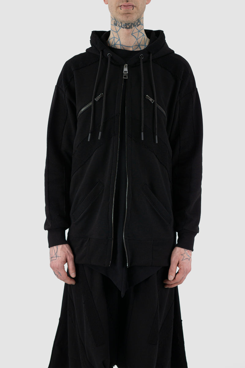 Open view of Black Sweater Jacket for Men with double zip and hood, LA HAINE INSIDE US