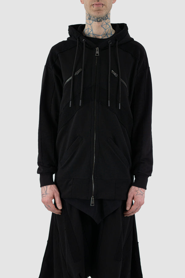 Front view of Black Sweater Jacket for Men with double zip and hood, LA HAINE INSIDE US