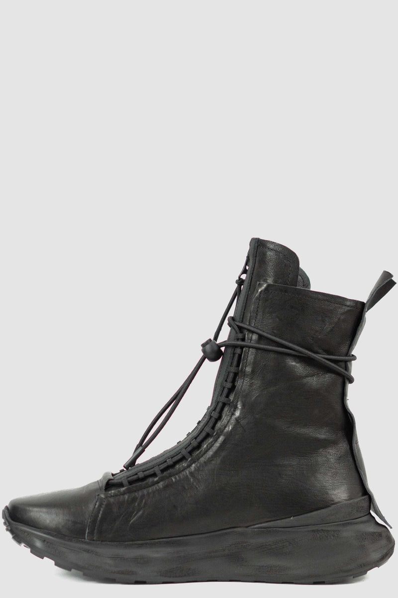 Left view of Futurist Man Hybrid Leather Sneaker Boot with high-top design and hidden zipper, PURO