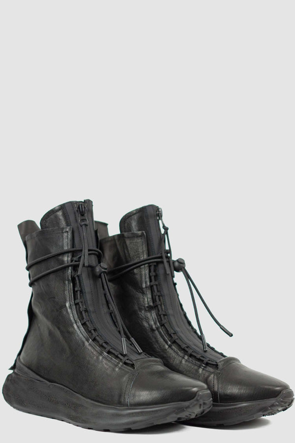 Front  right view of Futurist Man Hybrid Leather Sneaker Boot with high-top design and hidden zipper, PURO