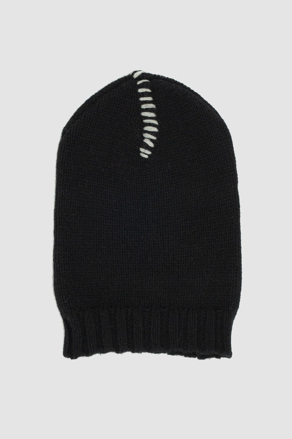 First Aid to the Injured - solo front view of black contrast stitch wool beanie from the FW24 collection with Oyster gray flatlock accents and cozy, warm, soft 3gg knit.