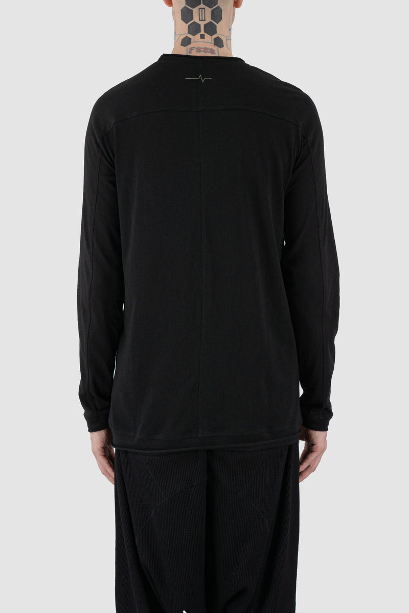 First Aid to the Injured - back view of black cotton raglan long sleeve T-Shirt for men from the FW24 collection with decorative shoulder sections, heavy back and arm seams.