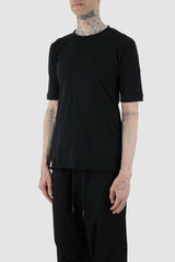 First Aid to the Injured - front side view of black cotton T-Shirt with asymmetrical stitching for men.