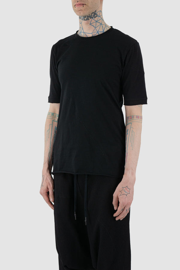 First Aid to the Injured - front side view of black cotton T-Shirt with asymmetrical stitching for men.