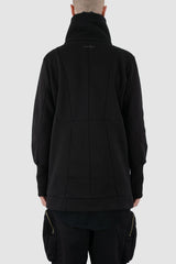 First Aid to the Injured - back view of black double zipper sweat jacket for men from the FW24 collection with double zipper, soft cotton fleece and ribbed cuffs with thumb holes.