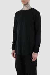 First Aid to the Injured - front side view of black long sleeve T-Shirt with rounded hem.