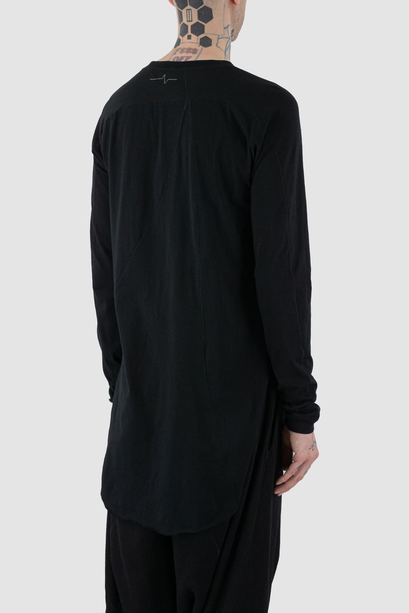 First Aid to the Injured - back side view of black long sleeve T-Shirt with rounded hem for men from the FW24 collection with long back, side slit and decorative flatlock seams.