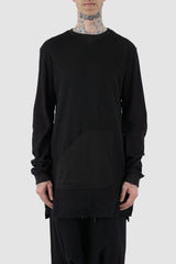 First Aid to the Injured - front view of black long waffle textured cotton jersey sweater for men from the FW24 collection. Featured a kangaroo pocket, contrasting arm panels and side slits.