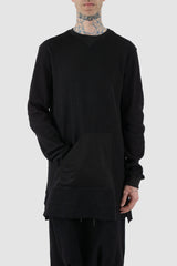 First Aid to the Injured - front pocket view of black long waffle textured cotton jersey sweater for men from the FW24 collection. Featured a kangaroo pocket, contrasting arm panels and side slits.