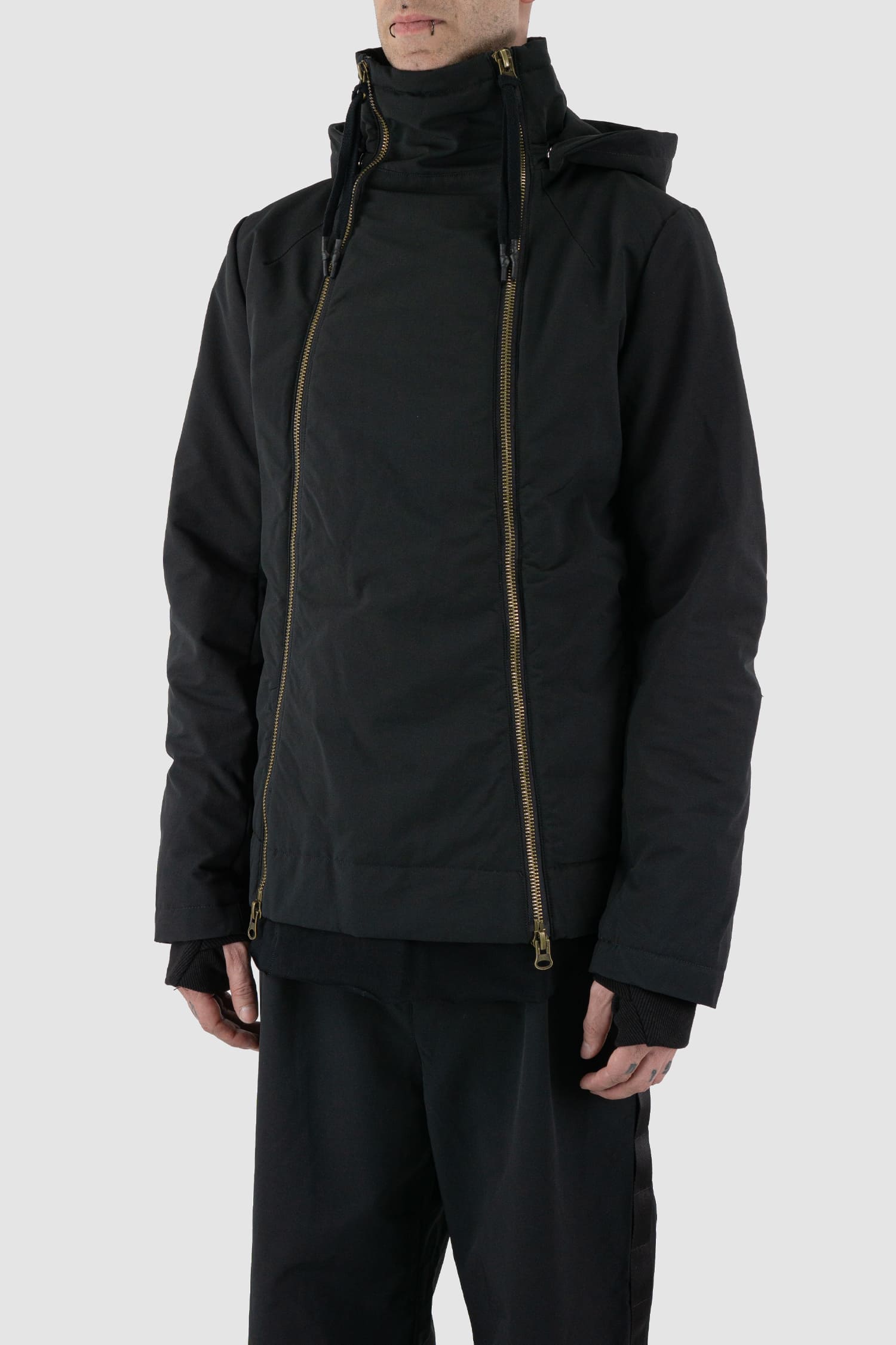 First Aid to the Injured - front side view of black padded jacket with double zipper closure.