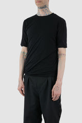 First Aid to the Injured - front side view of black twisted double layer jersey T-Shirt.