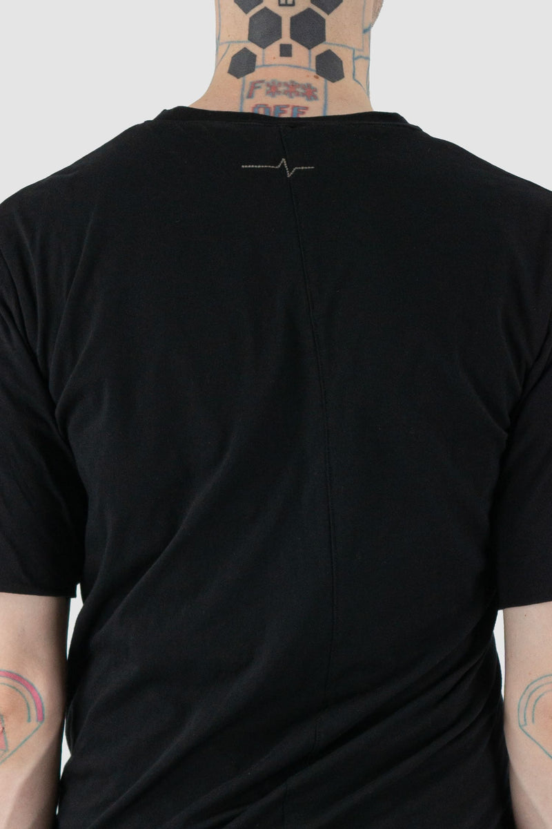 First Aid to the Injured - logo view of black twisted double layer jersey T-Shirt for men from the FW24 collection featuring a distinctive twisting bottom and sleeves crafted in a double layer of thin jersey and a center back seam.