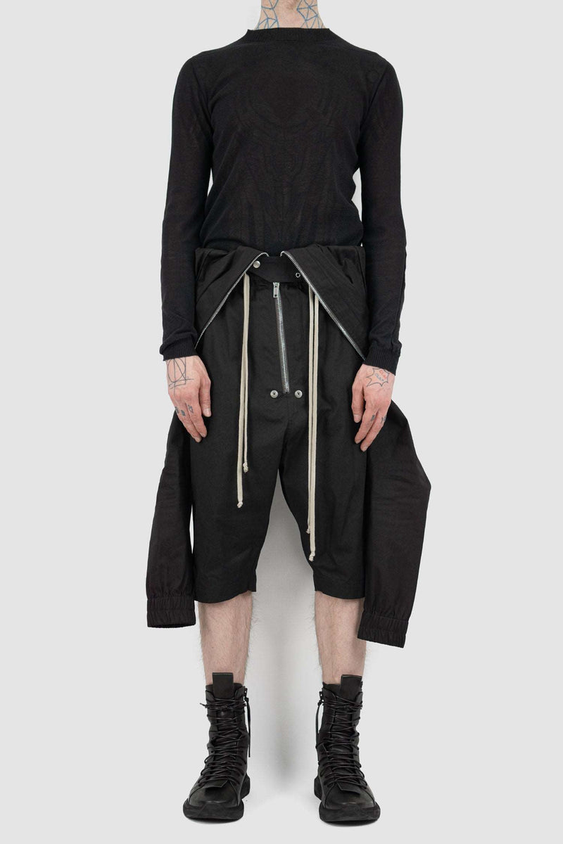 Rick Owens Black Cotton Blend Flight Bodybag for Men from the SS21 Runway with Long Zipper and Elastic Waistband, unwrapped.
