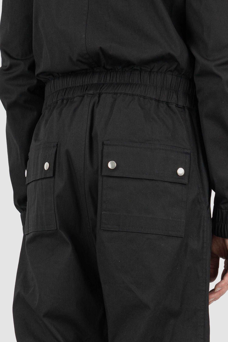Rick Owens Black Cotton Blend Flight Bodybag for Men from the SS21 Runway with Long Zipper and Elastic Waistband, details back.