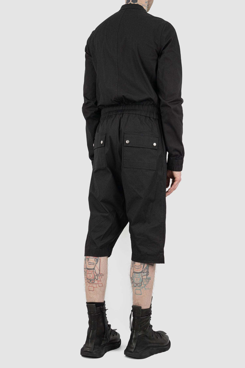 Rick Owens Black Cotton Blend Flight Bodybag for Men from the SS21 Runway with Long Zipper and Elastic Waistband.back side view.