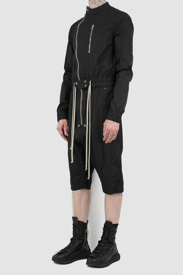 Rick Owens Black Cotton Blend Flight Bodybag for Men from the SS21 Runway with Long Zipper and Elastic Waistband, front right.