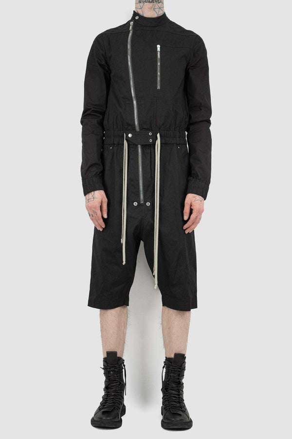 RICK OWENS | SHORT GARY FLIGHT BODYBAGRick Owens Black Cotton Blend Flight Bodybag for Men from the SS21 Runway with Long Zipper and Elastic Waistband, front view.
