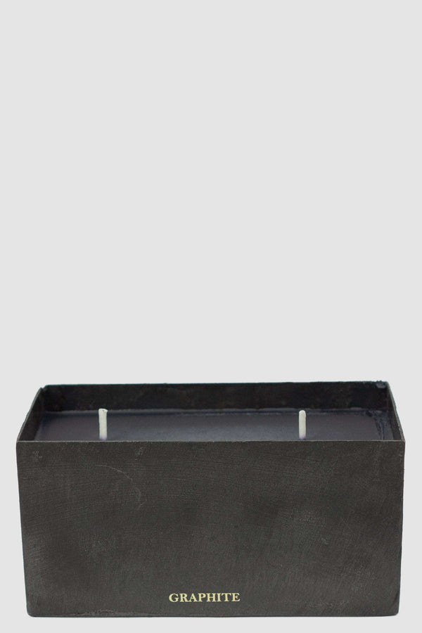 Front view of Graphite Scent Candle in burned black iron vessel, MAD ET LEN