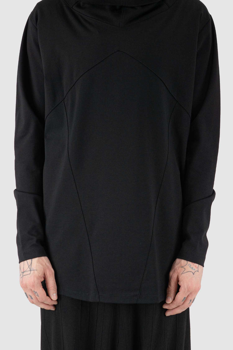 Front view of Black High Neck Sweater for Men with round hem and front cut details, LA HAINE INSIDE US