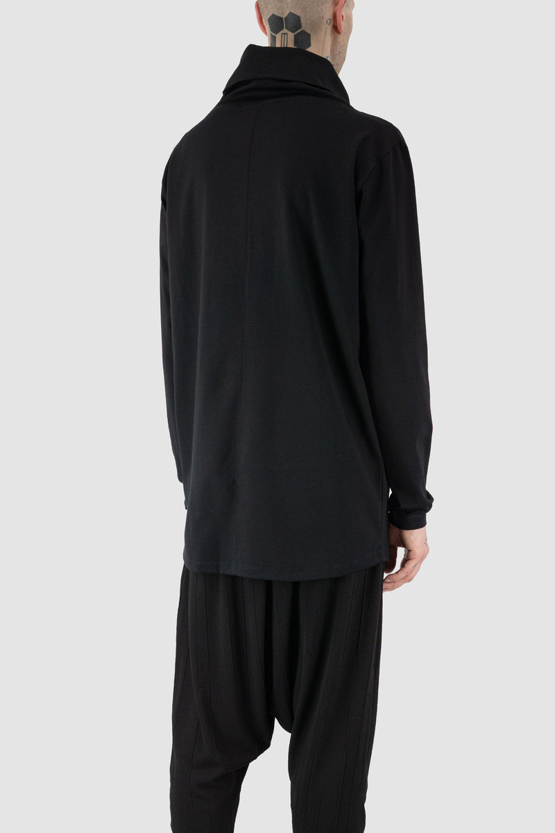Back view of Black High Neck Sweater for Men with round hem and front cut details, LA HAINE INSIDE US