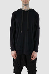 Front view of Black Oversize Bamboo T-Shirt for Men with doubled long arms and huge hood, LA HAINE INSIDE US