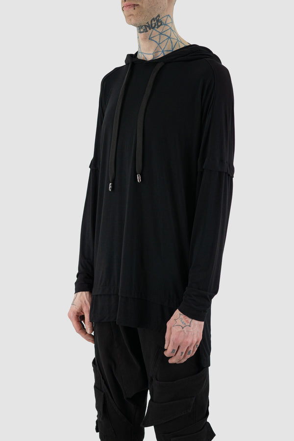 LA HAINE INSIDE US Black Oversize Bamboo T-Shirt: SS24 Collection, Italian-made, doubled long arms, oversized fit, huge hood. Crafted from 96% Bamboo, 4% Elastane for a soft, stylish look.