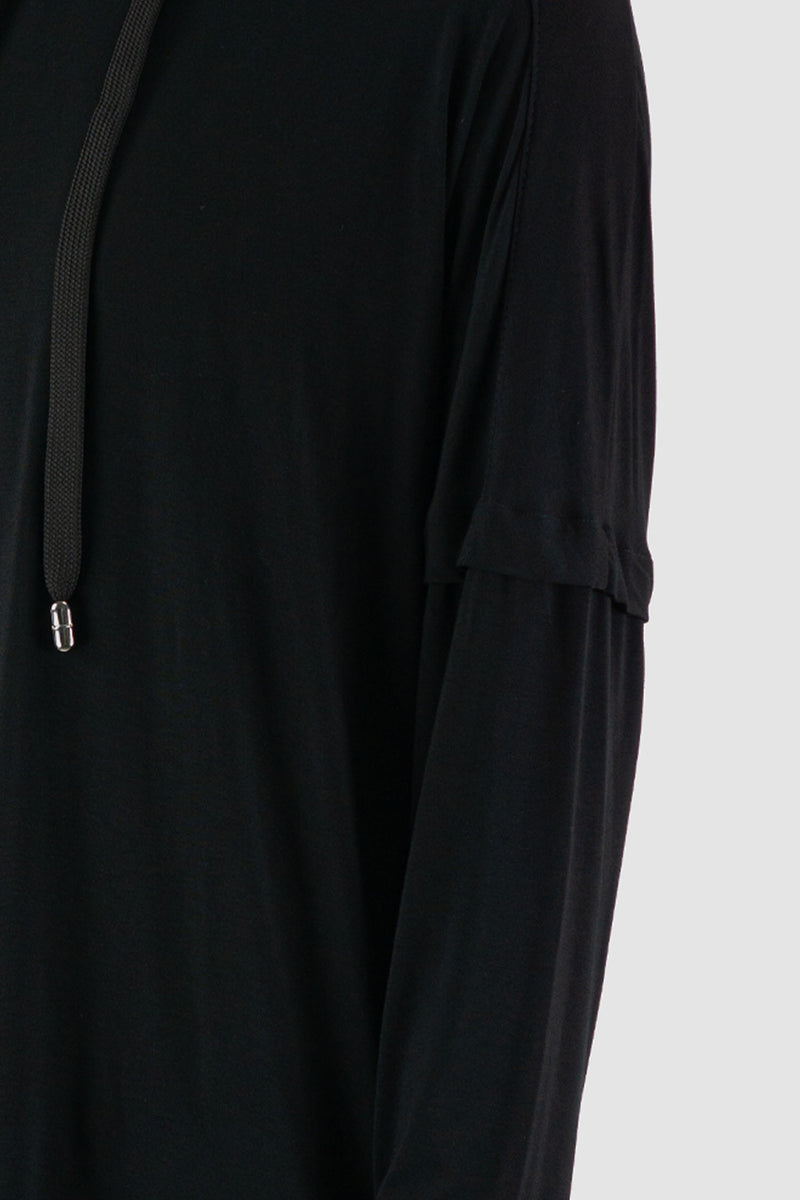 Close up view of Black Oversize Bamboo T-Shirt for Men with doubled long arms and huge hood, LA HAINE INSIDE US