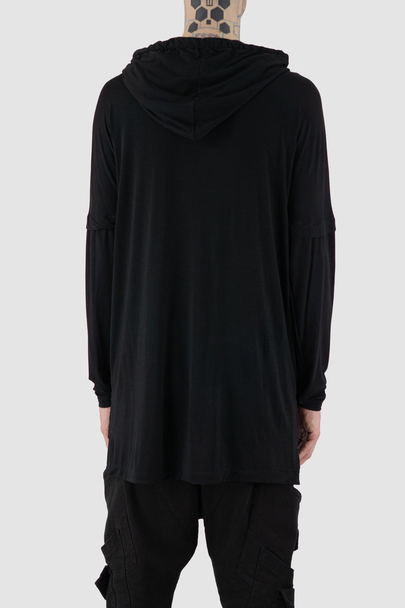 Back view of Black Oversize Bamboo T-Shirt for Men with doubled long arms and huge hood, LA HAINE INSIDE US
