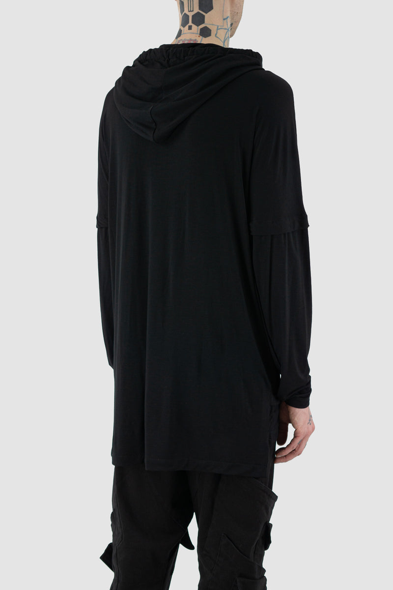 Side view of Black Oversize Bamboo T-Shirt for Men with doubled long arms and huge hood, LA HAINE INSIDE US