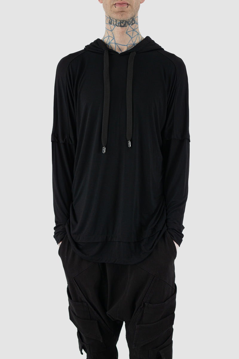 Front view of Black Oversize Bamboo T-Shirt for Men with doubled long arms and huge hood, LA HAINE INSIDE US