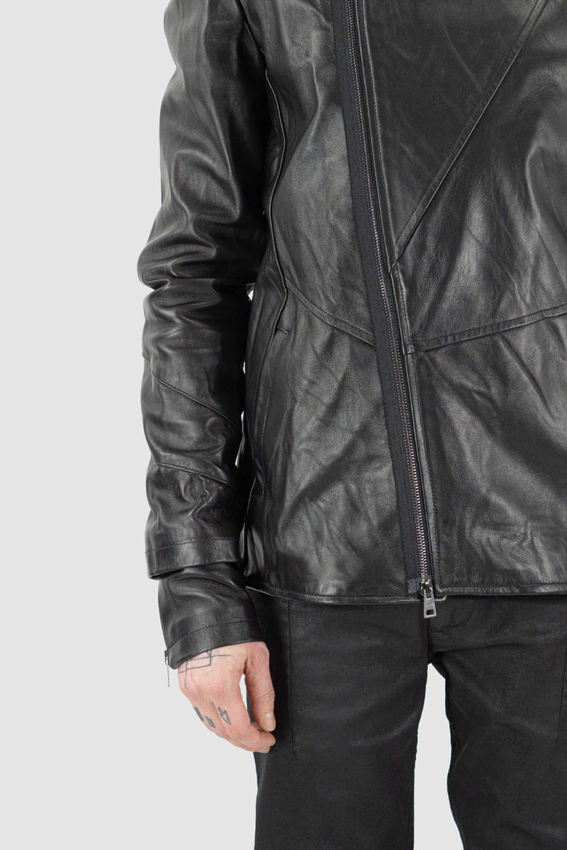 Front view of Black High Neck Leather Jacket for Men with asymmetrical zipper, LA HAINE INSIDE US