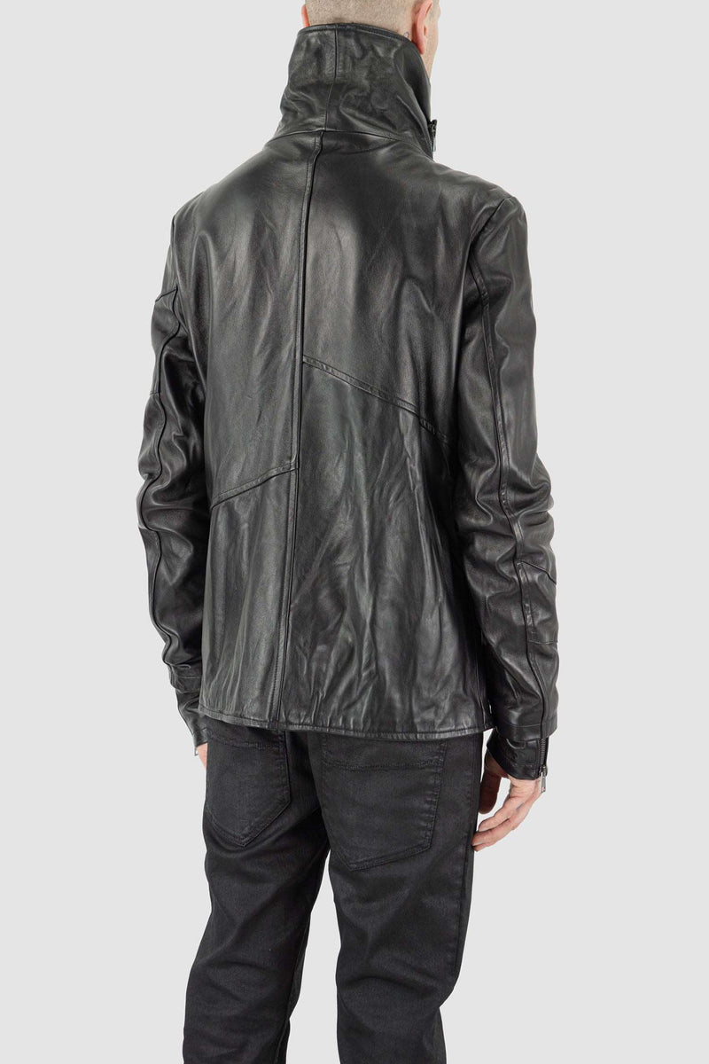 Side view of Black High Neck Leather Jacket for Men with asymmetrical zipper, LA HAINE INSIDE US