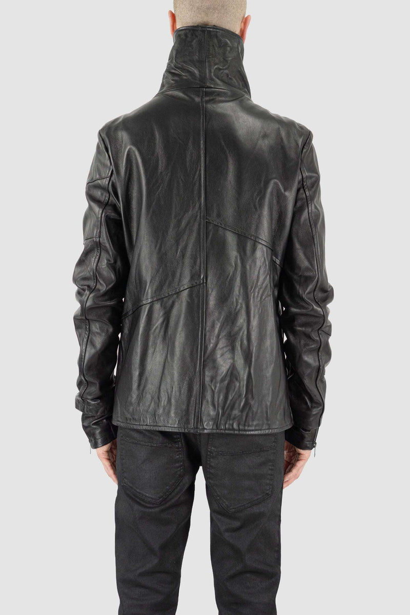Back view of Black High Neck Leather Jacket for Men with asymmetrical zipper, LA HAINE INSIDE US