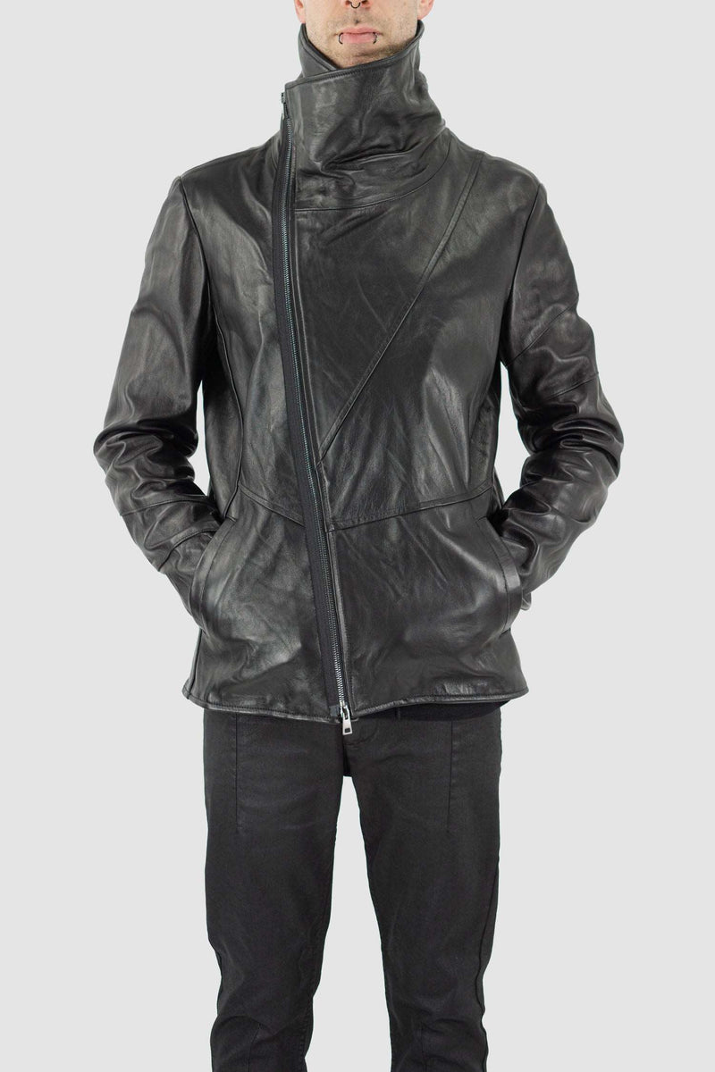Front view of Black High Neck Leather Jacket for Men with asymmetrical zipper, LA HAINE INSIDE US