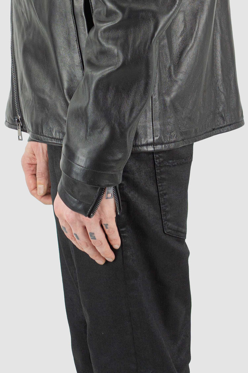 Close up view of Black High Neck Leather Jacket for Men with asymmetrical zipper, LA HAINE INSIDE US