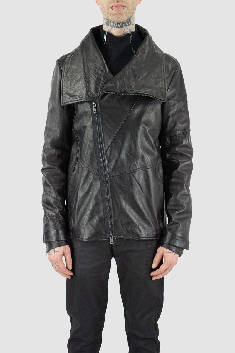 Open view of Black High Neck Leather Jacket for Men with asymmetrical zipper, LA HAINE INSIDE US