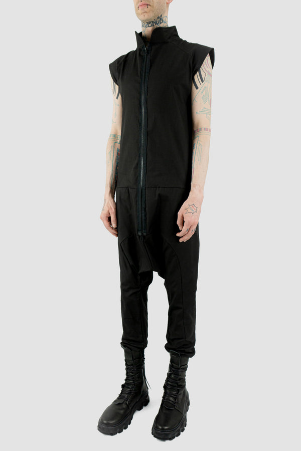 Side view of Black Lopa Jumpsuit for Men with multiple pockets and comfortable fit, OBECTRA