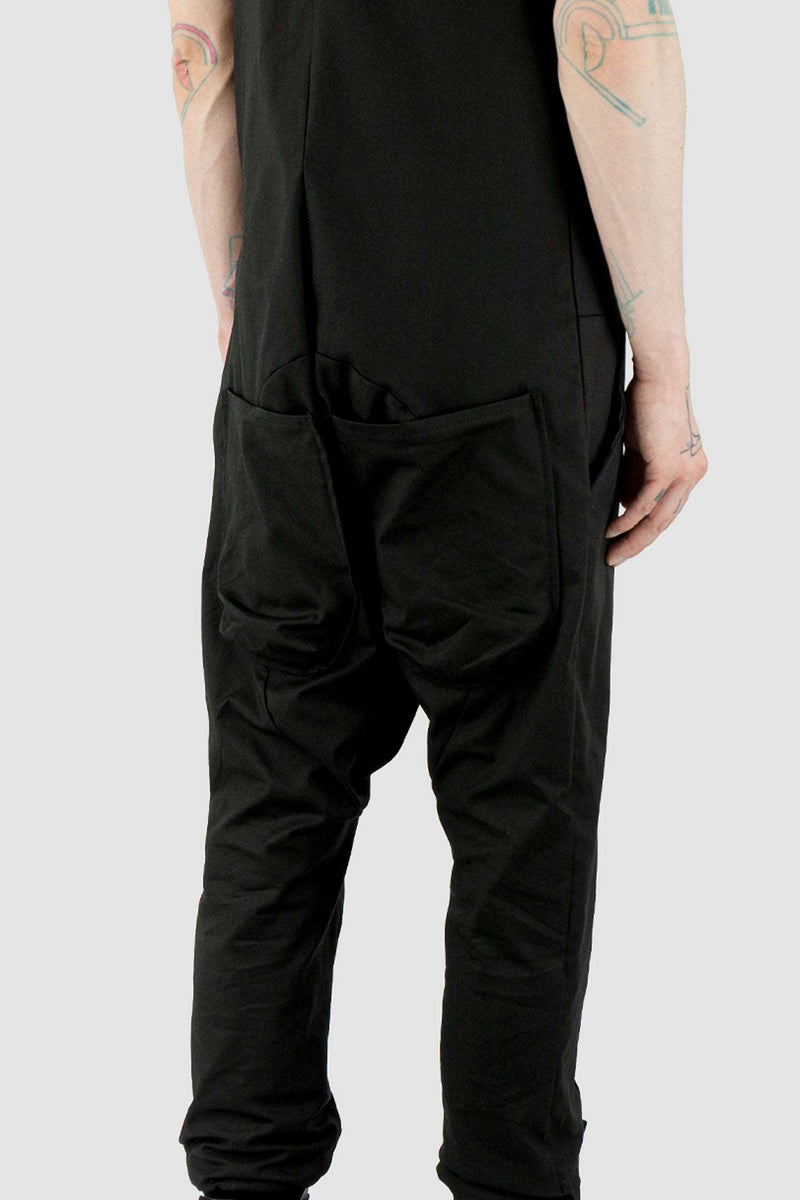 Detail view of Black Lopa Jumpsuit for Men with multiple pockets and comfortable fit, OBECTRA