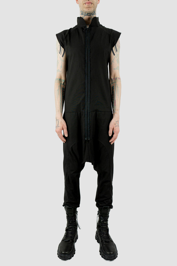 Front view of Black Lopa Jumpsuit for Men with multiple pockets and comfortable fit, OBECTRA