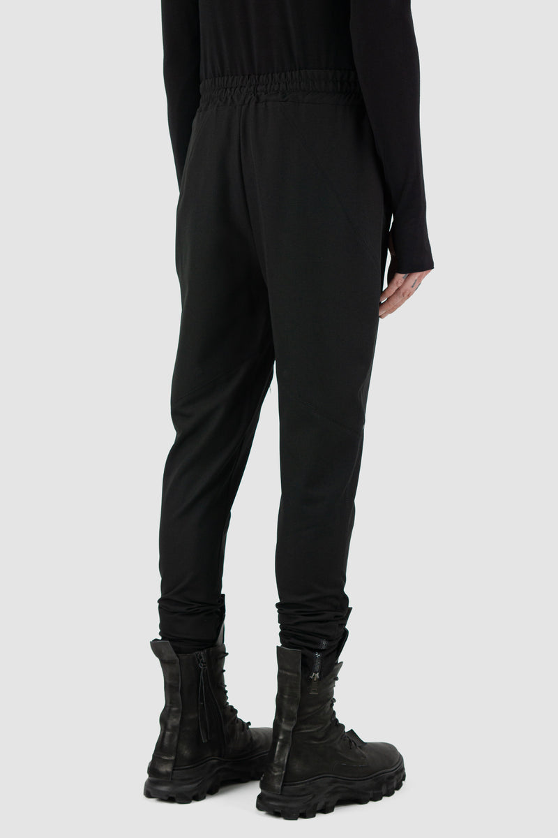 Side view of Black Viscose Blend Pants for Men with knee zip details, LA HAINE INSIDE US