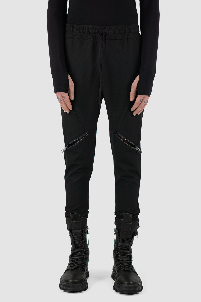 Front view of Black Viscose Blend Pants for Men with knee zip details, LA HAINE INSIDE US