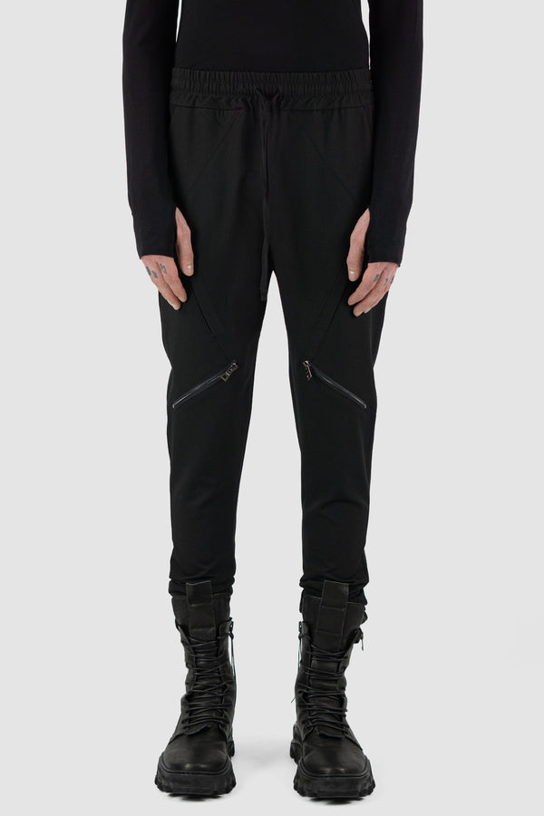 Front view of Black Viscose Blend Pants for Men with knee zip details, LA HAINE INSIDE US