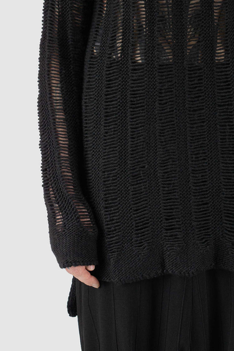 Close up view of Black Knitted Zip Sweater for Men with torn details, LA HAINE INSIDE US