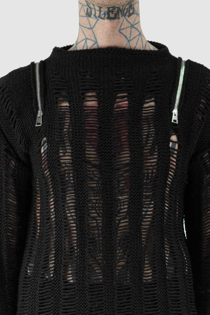 Close up view of Black Knitted Zip Sweater for Men with torn details, LA HAINE INSIDE US
