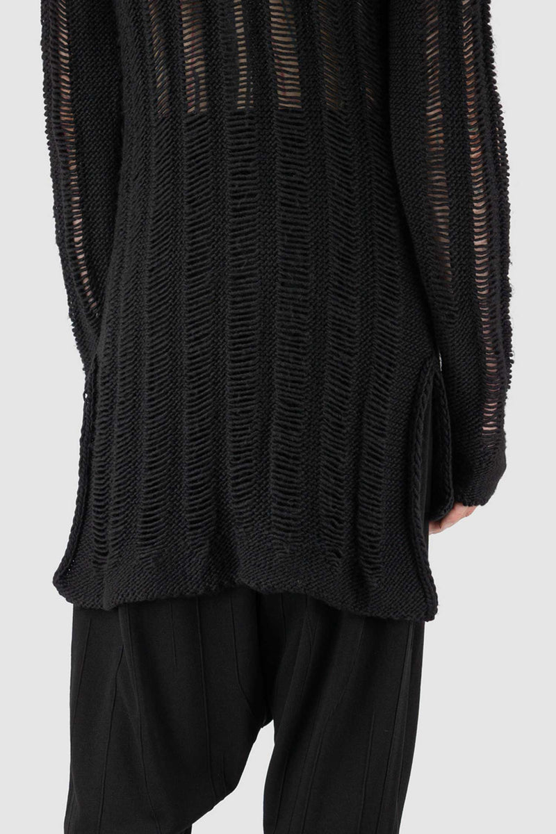Back view of Black Knitted Zip Sweater for Men with torn details, LA HAINE INSIDE US