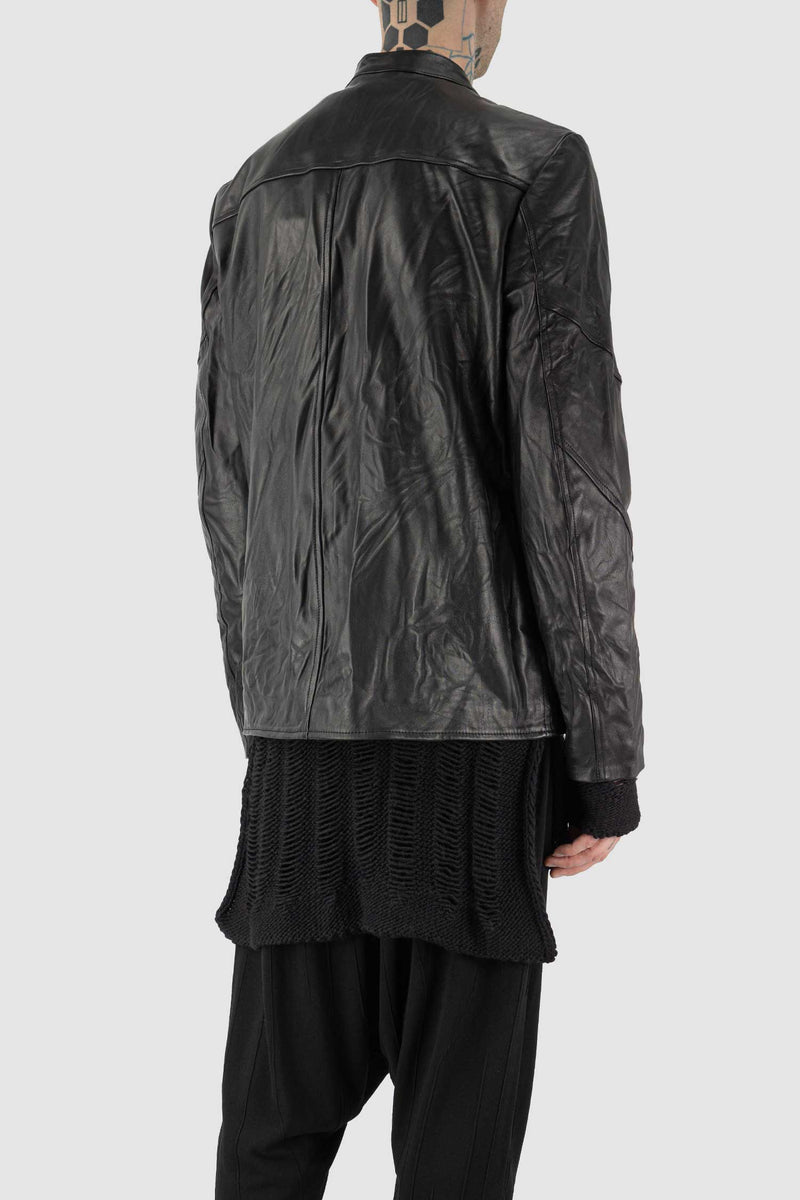LA HAINE INSIDE US Simple Black Calf Leather Jacket - Men's FW23 Collection, Mandarin Collar
