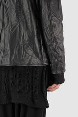 Close up view of Simple Black Calf Leather Jacket for Men with mandarin collar, LA HAINE INSIDE US