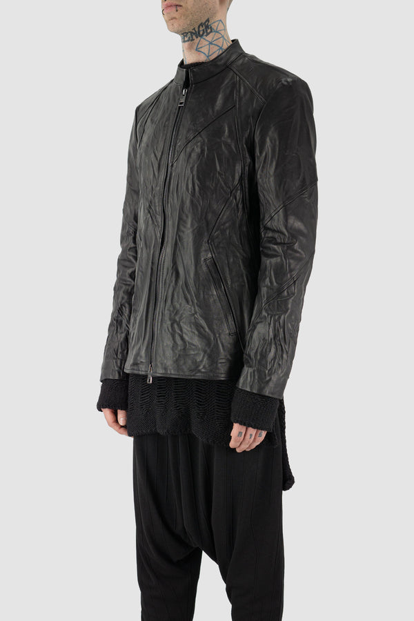 LA HAINE INSIDE US Simple Black Calf Leather Jacket - Men's FW23 Collection, Mandarin Collar